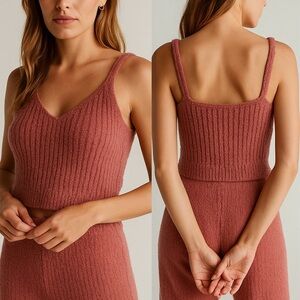 Anthropologie Saturday Sunday Lorna Fuzzy Knit Cropped Sweater Tank Clay Pink S